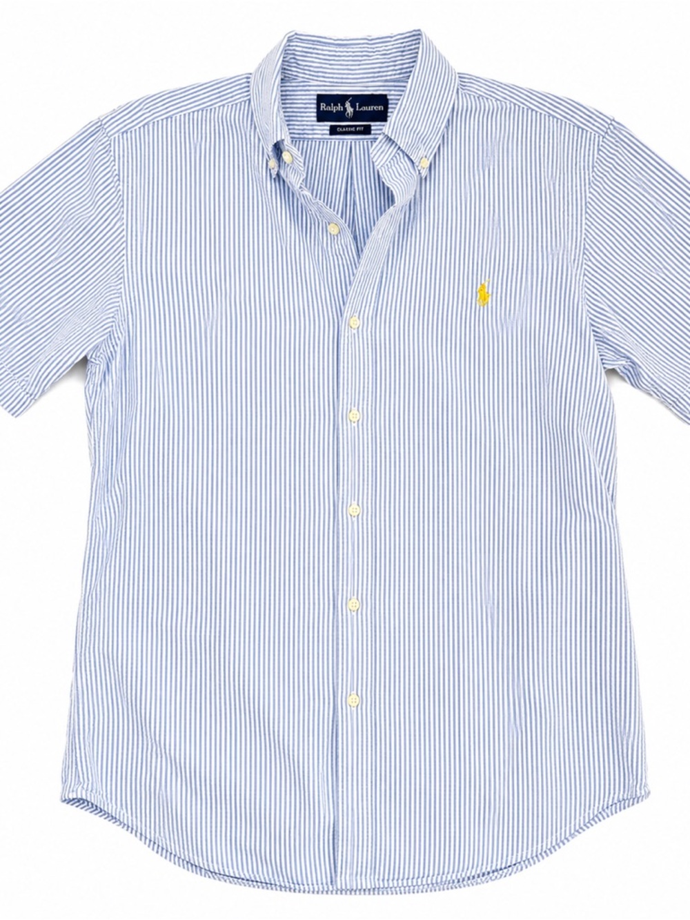 Ralph Lauren Blue and White Striped Button-Down Shirt with Yellow Pony